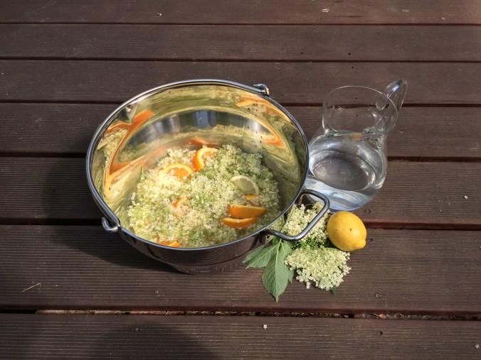 Holunderblüten im Topf mit Wasserkaraffe