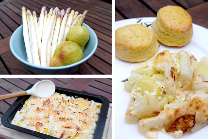 Spargelgratin und Spargel mit Birnen