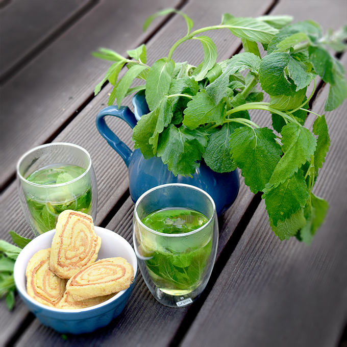Zitronenmelisse Zitronenverbene im Krug Teegläser Plätzchen